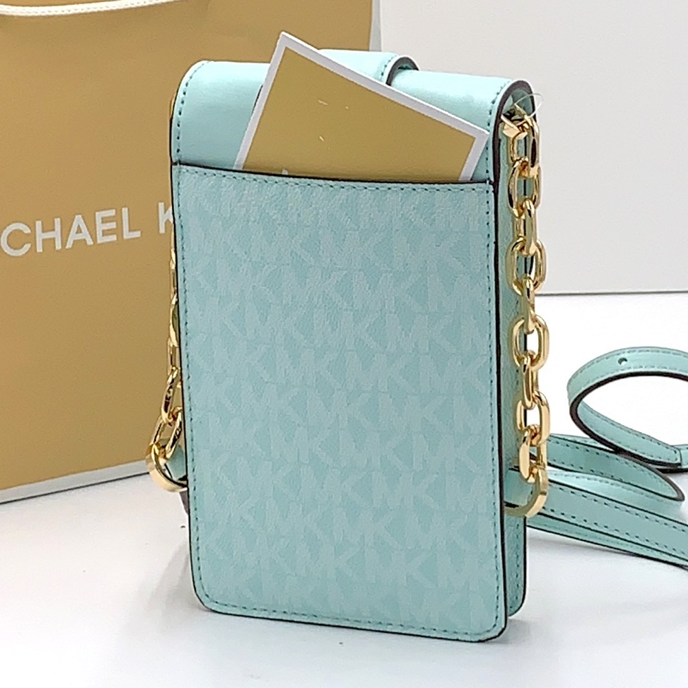 NWT MICHAEL KORS CARMEN SMALL NORTH SOUTH PHONE XBODY FAIR AQUA SIGNATUR… - Picture 3 of 16